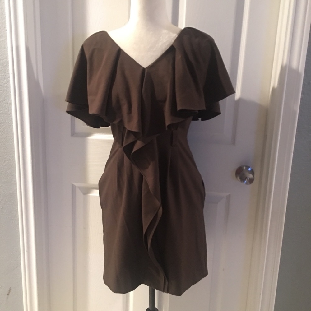 Black Halo Sheath Dress V Neck Ruffled 6 Pockets
